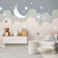 Βρεφική φωτοταπετσαρία με παστέλ σύννεφα και αστέρια για δωμάτιο μωρού