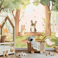 Βρεφική φωτοταπετσαρία με ζωάκια του δάσους σε παστέλ χρώματα