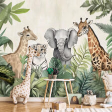Παστέλ φωτοταπετσαρία βρεφικού δωματίου με ζωάκια σαφάρι